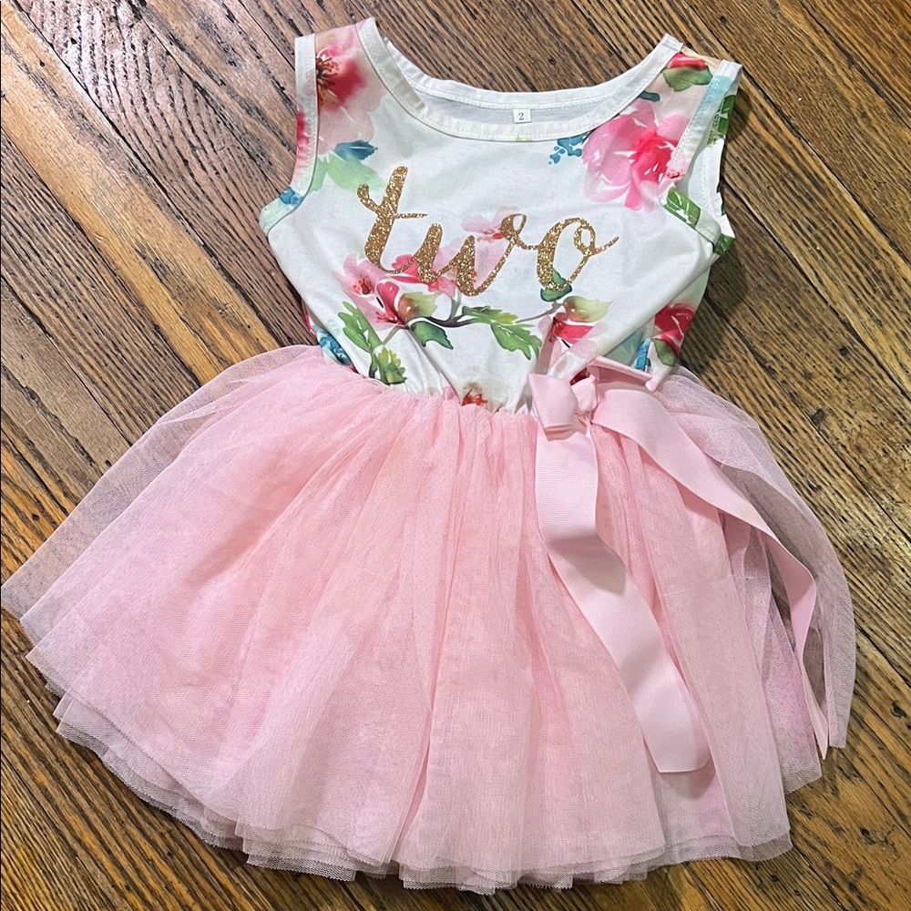 Floral Pink Tulle Dress with Gold Accents